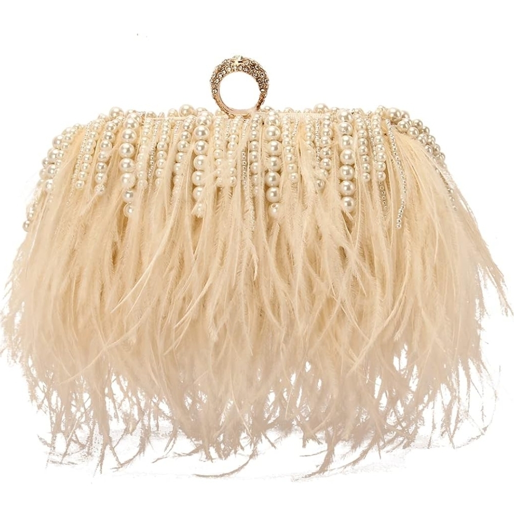 Chic Feathered Cream Clutch with Pearl Accents